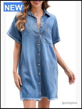 Summer Denim Dress Short Sleeve Button Down Casual Western Midi Dress